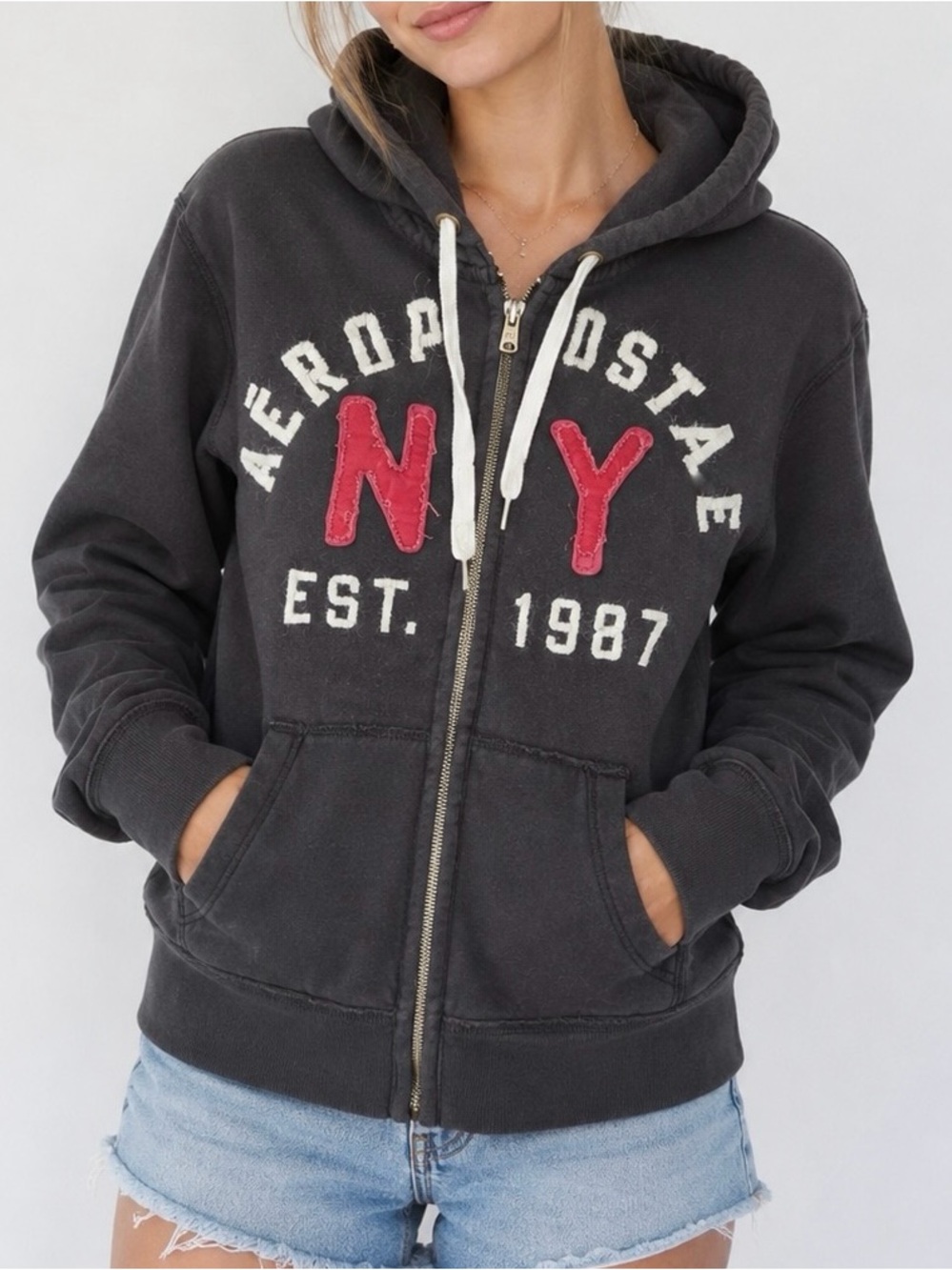 Aeropostale Charcoal Zip Hoodie with Red NY Applique